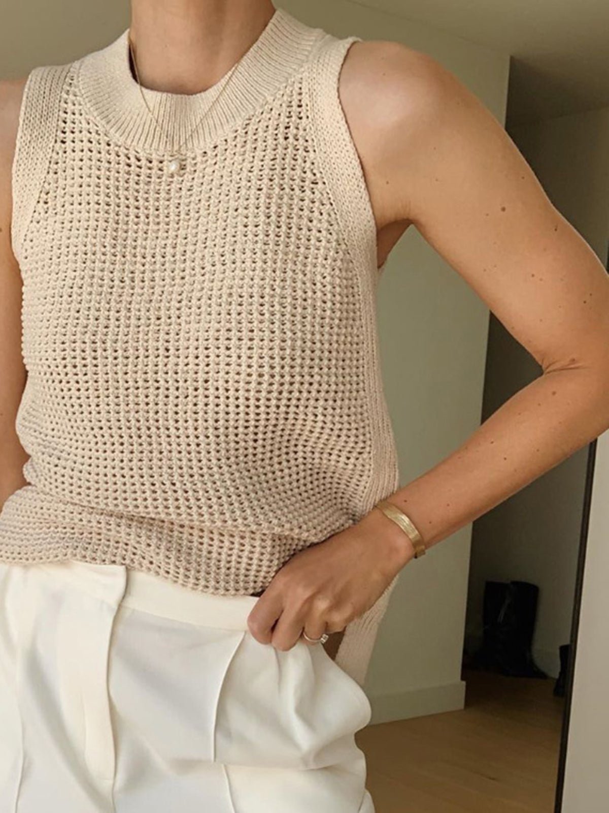 Knit Hollow Solid Tank Top - 图片 2