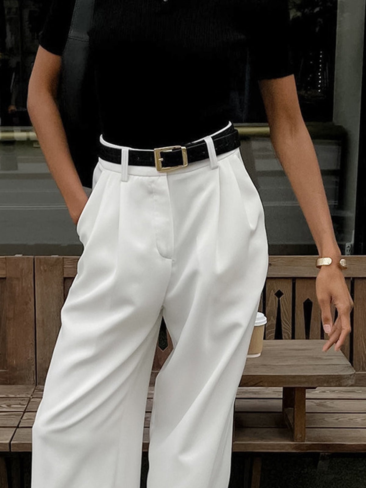 Solid Wide Leg Pants Without Belt - 图片 4