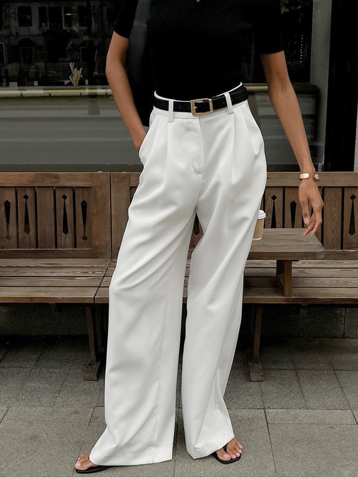 Solid Wide Leg Pants Without Belt - 图片 2