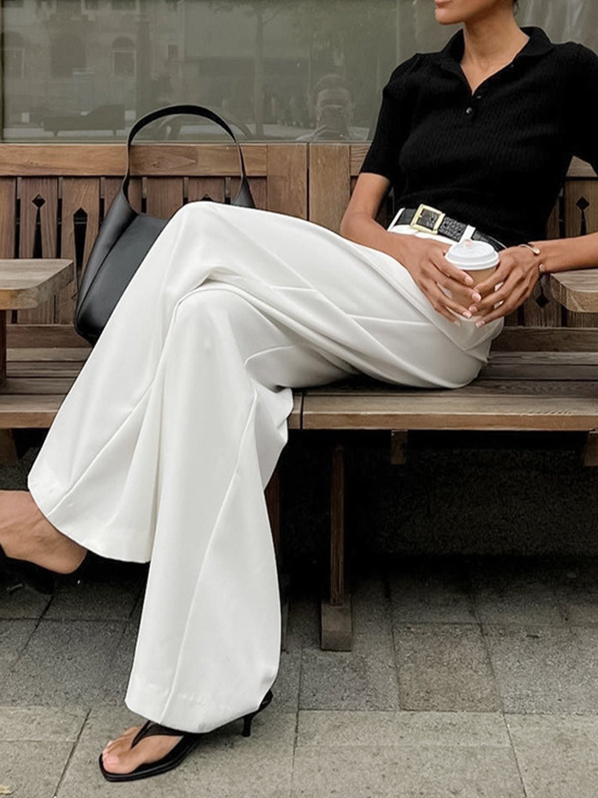 Solid Wide Leg Pants Without Belt - 图片 3