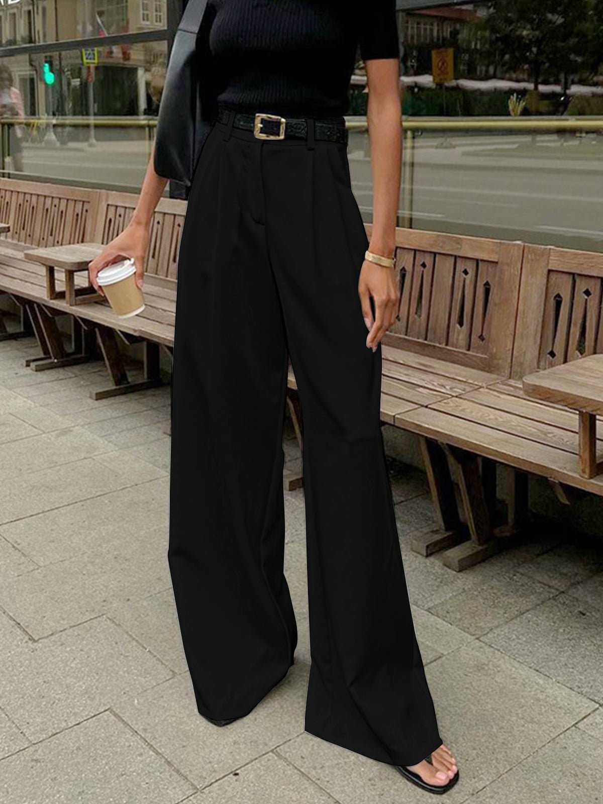 Solid Wide Leg Pants Without Belt - 图片 5
