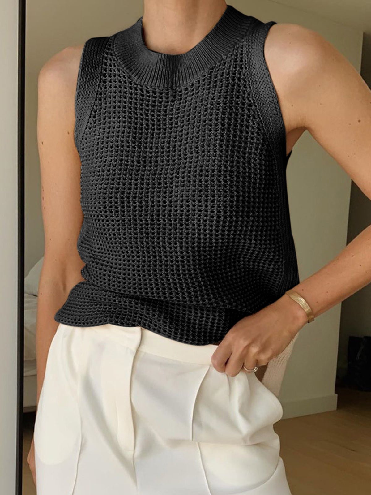 Knit Hollow Solid Tank Top - 图片 4