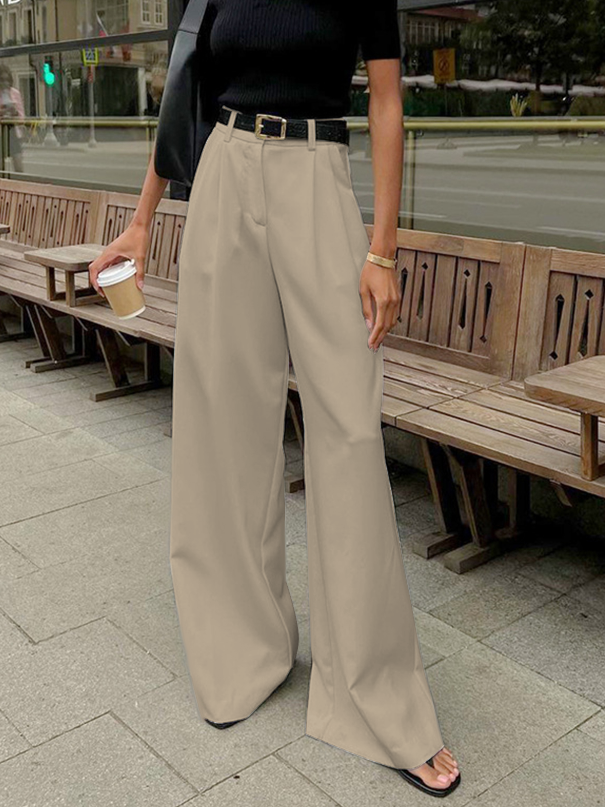 Solid Wide Leg Pants Without Belt - 图片 10