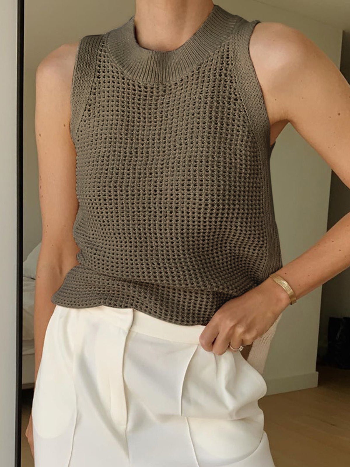 Knit Hollow Solid Tank Top - 图片 5