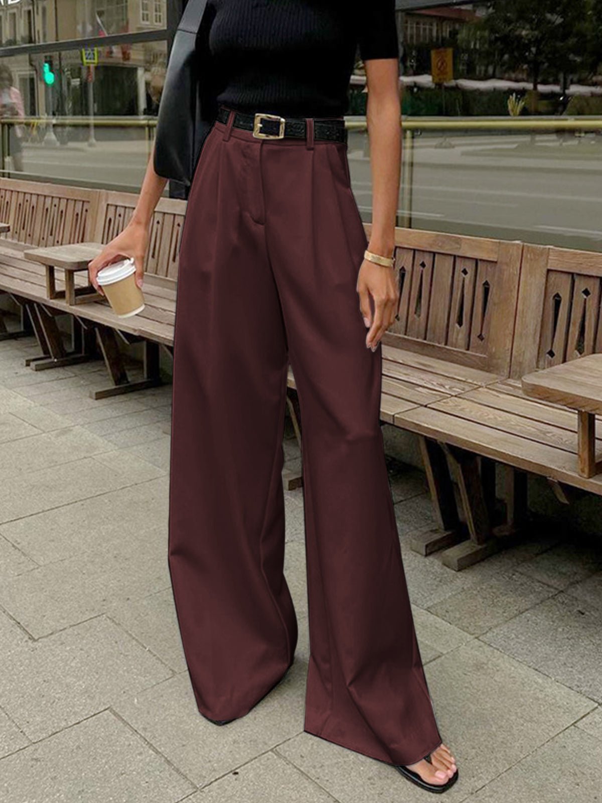 Solid Wide Leg Pants Without Belt - 图片 11