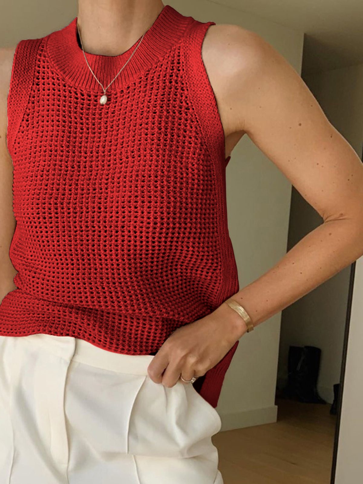 Knit Hollow Solid Tank Top - 图片 6