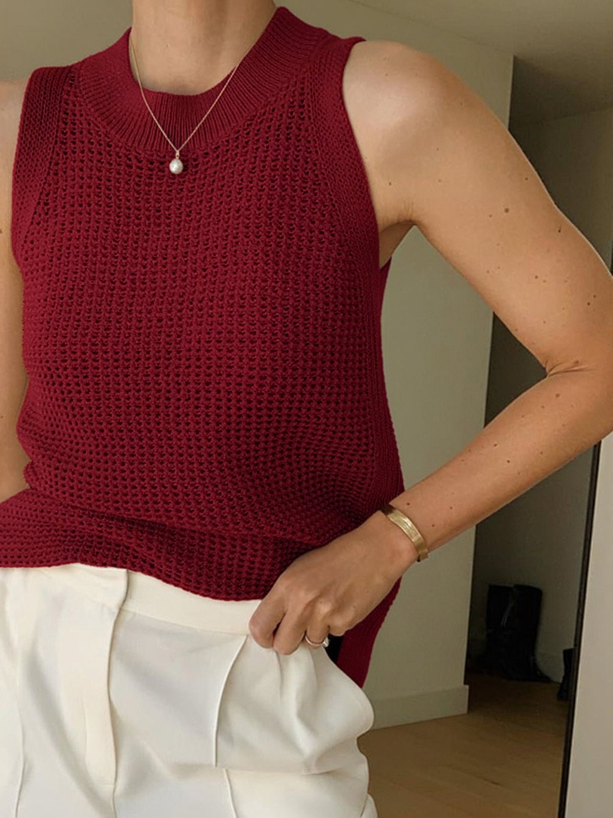 Knit Hollow Solid Tank Top - 图片 11