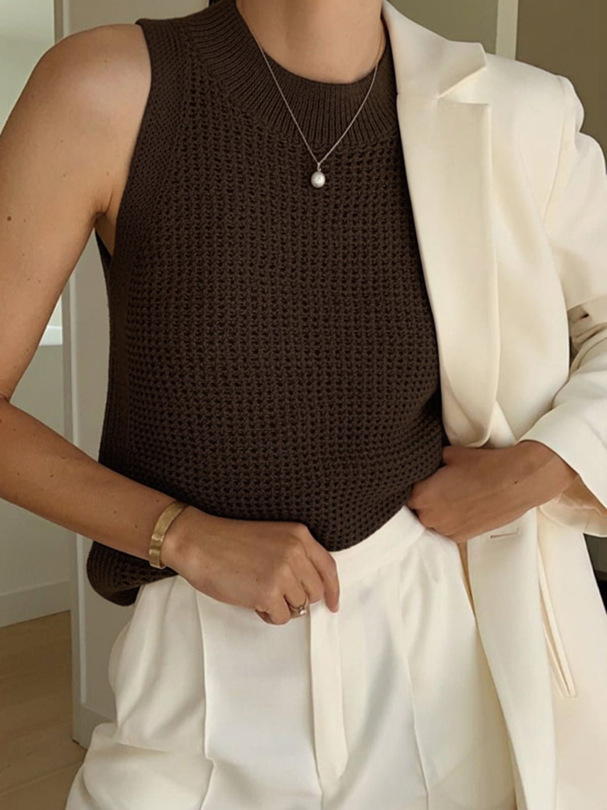 Knit Hollow Solid Tank Top - 图片 12