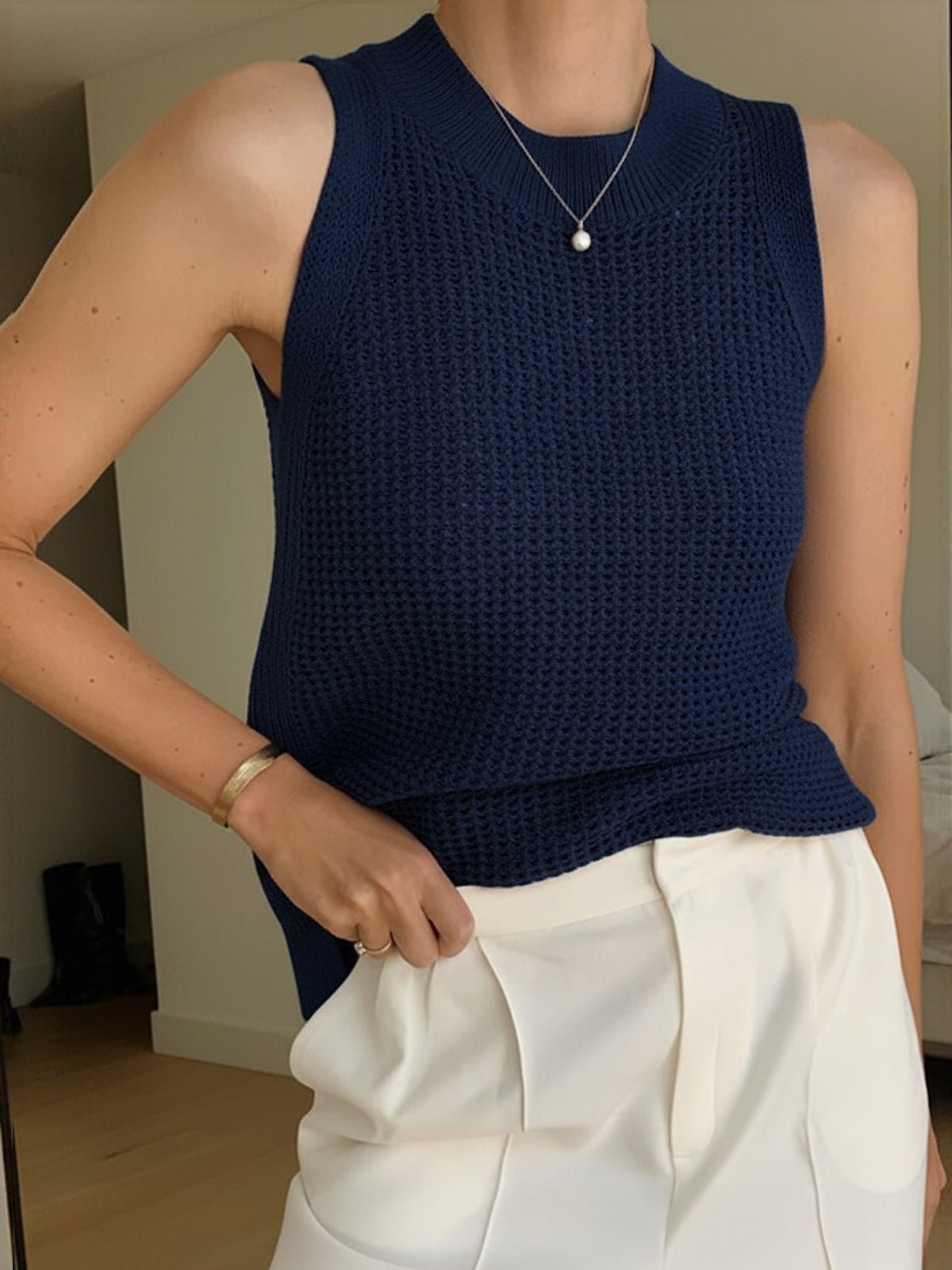 Knit Hollow Solid Tank Top - 图片 10
