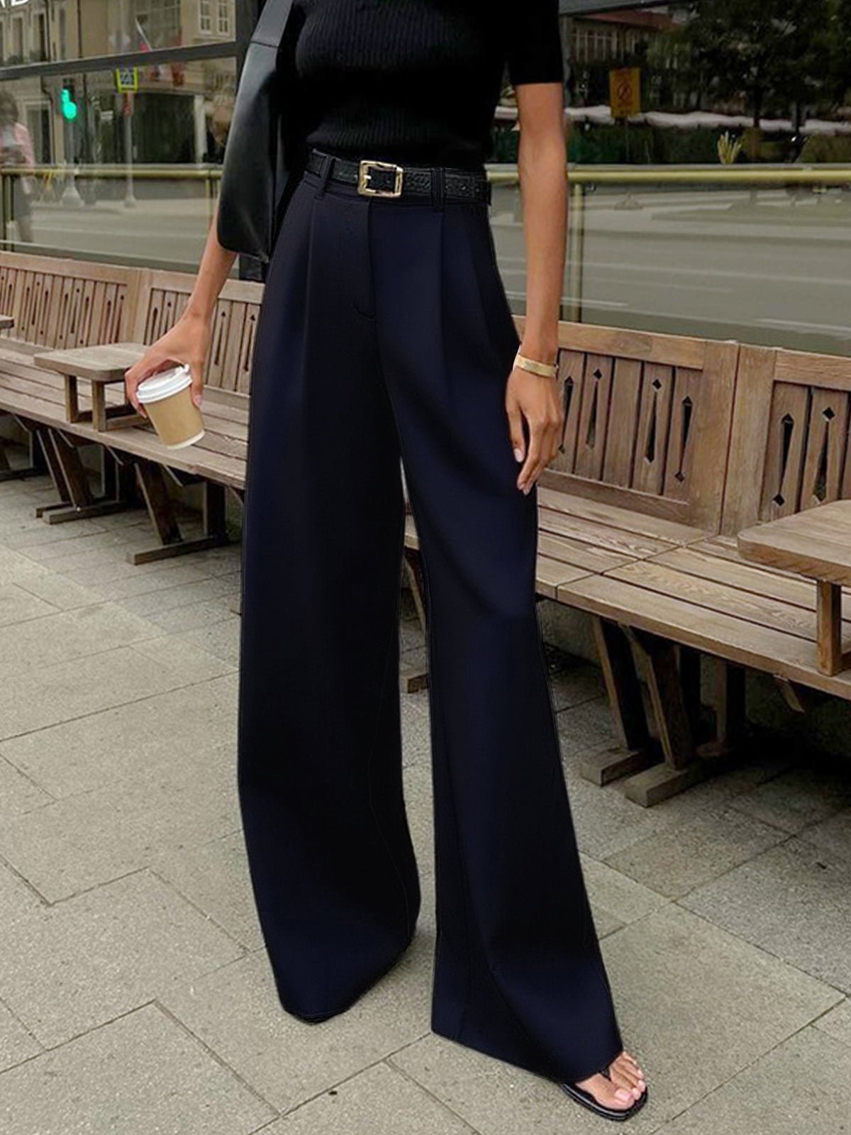 Solid Wide Leg Pants Without Belt - 图片 12