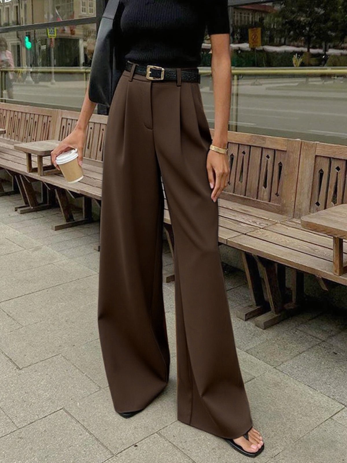 Solid Wide Leg Pants Without Belt - 图片 13