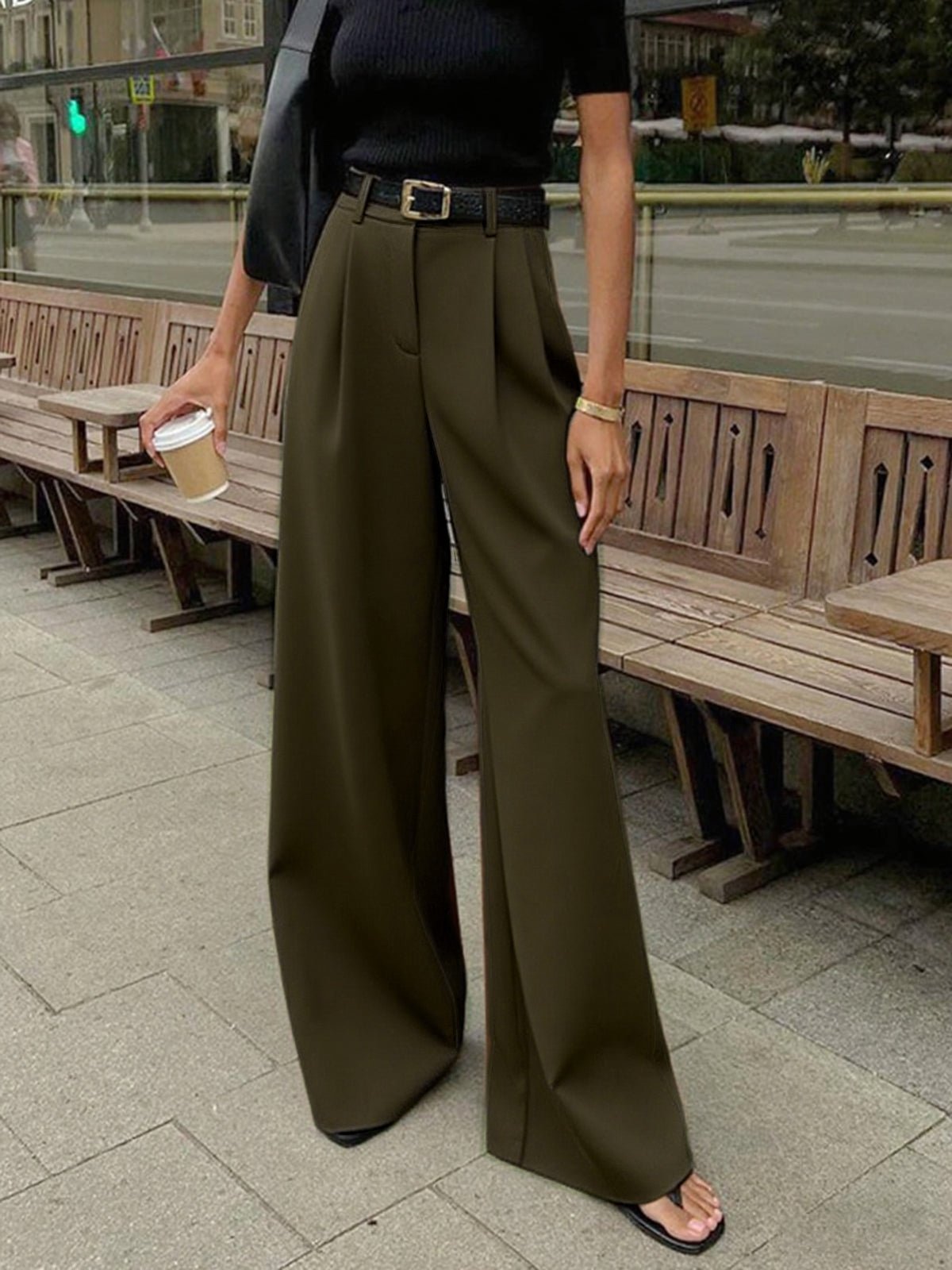 Solid Wide Leg Pants Without Belt - 图片 14