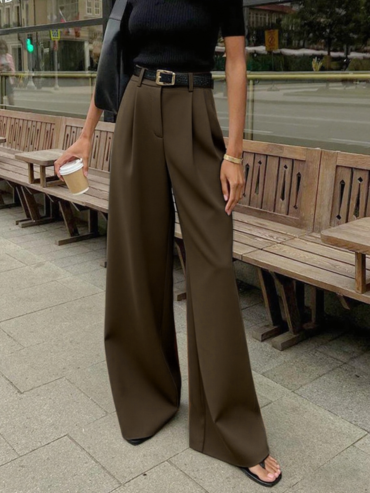 Solid Wide Leg Pants Without Belt - 图片 15
