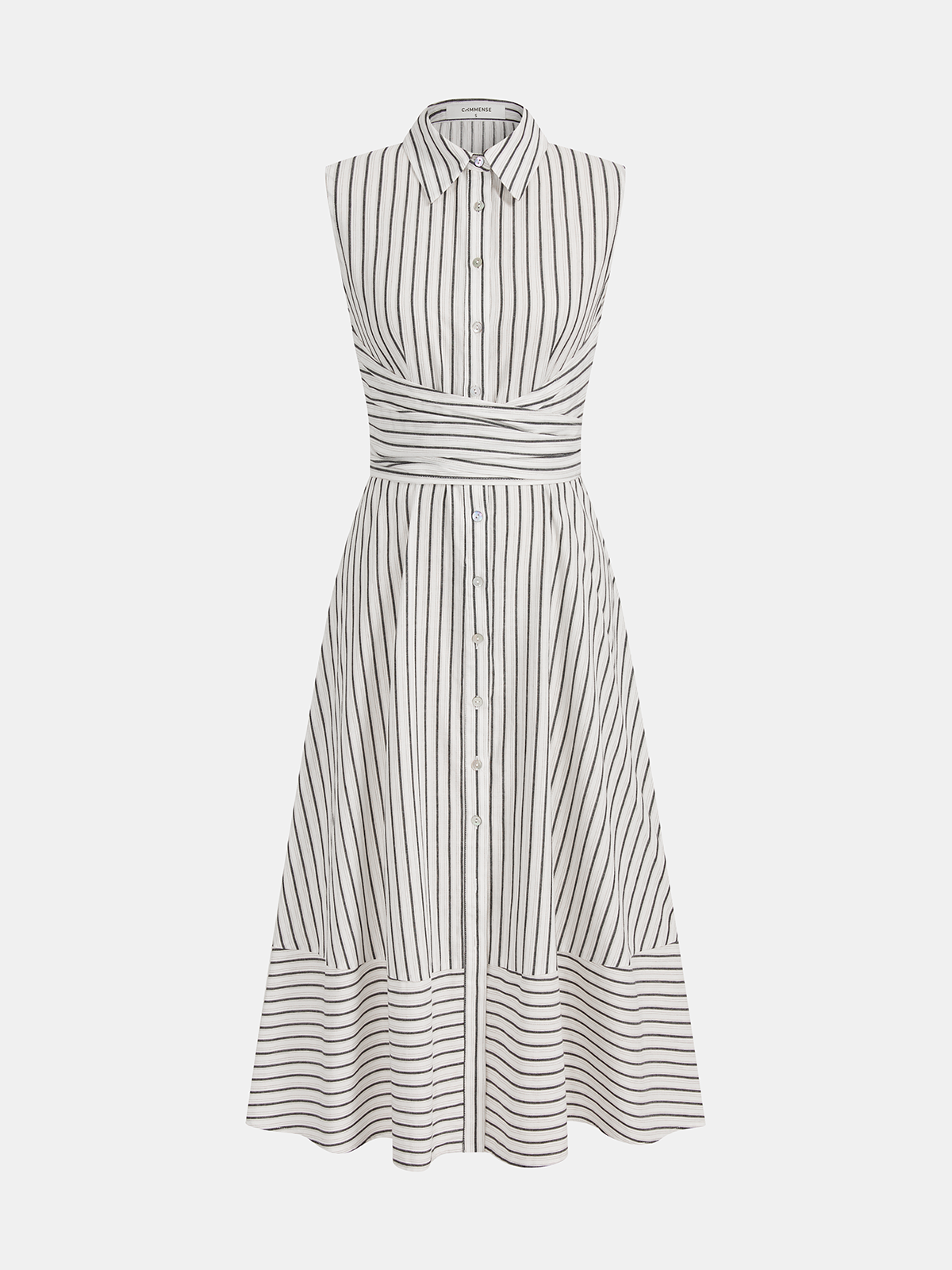 Striped Collared Sleeveless Tie Waist Midi Dress - 图片 2