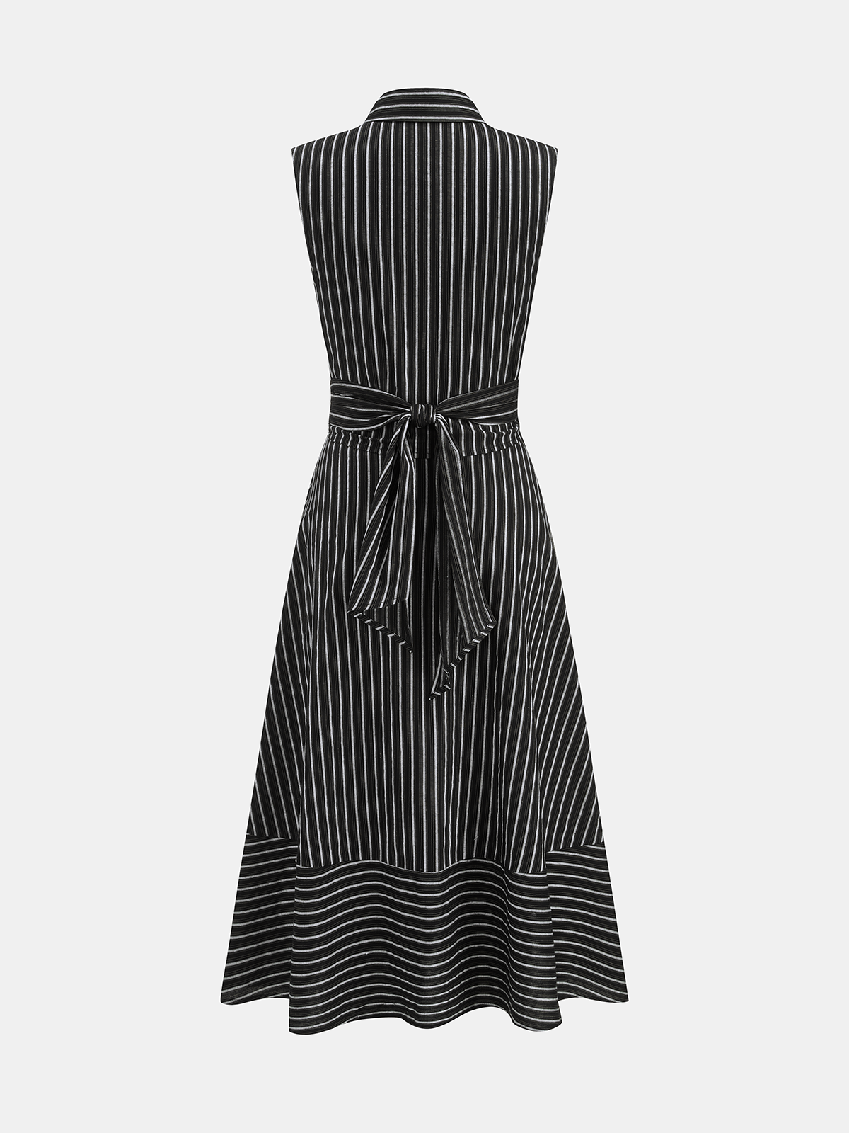 Striped Collared Sleeveless Tie Waist Midi Dress - 图片 7