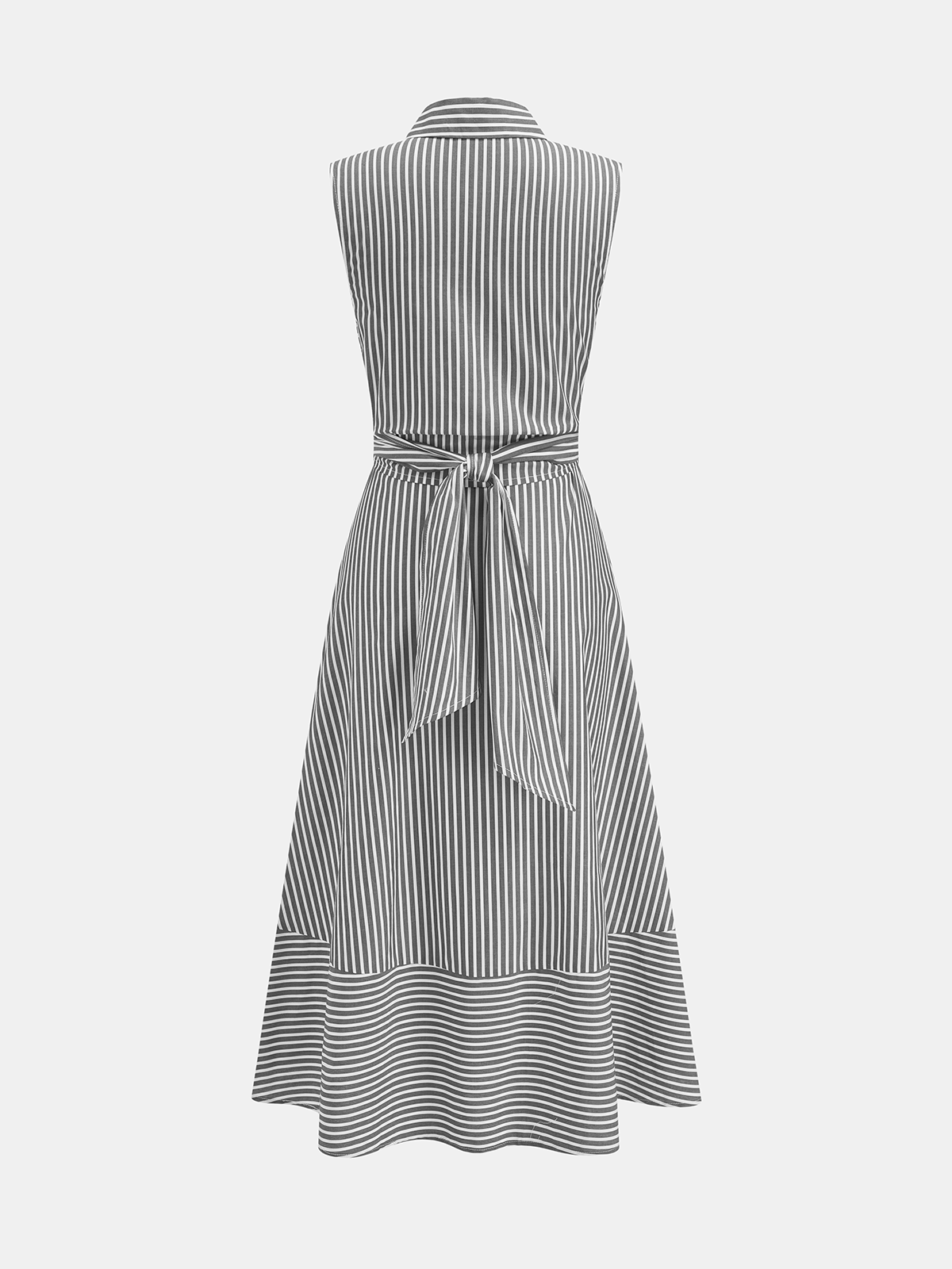 Striped Collared Sleeveless Tie Waist Midi Dress - 图片 11