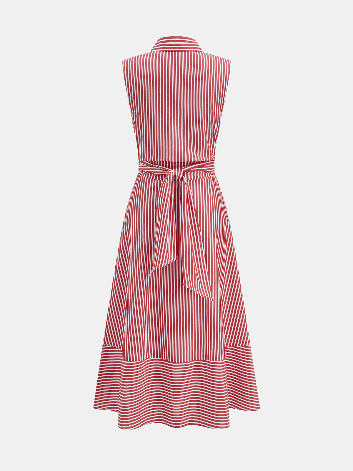 Striped Collared Sleeveless Tie Waist Midi Dress - 图片 13