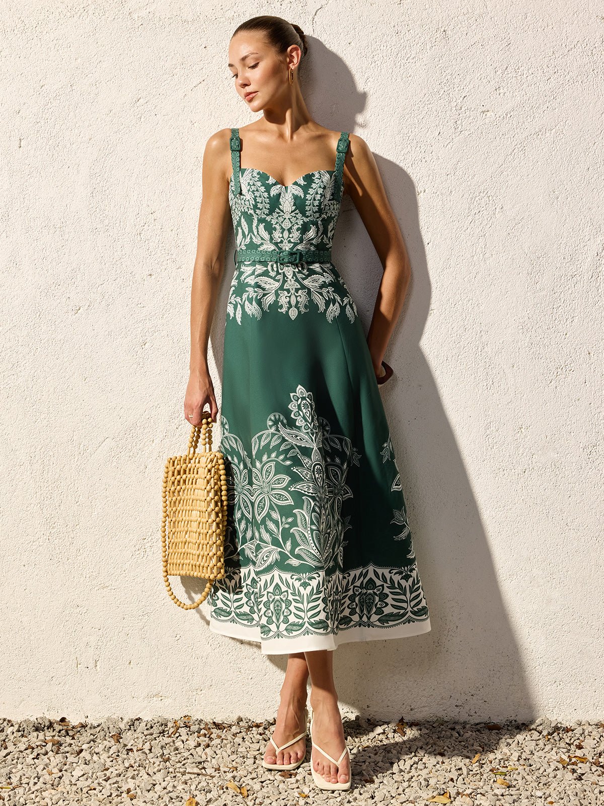 Baroque Floral Print Belted Cami Maxi Dress - 图片 4