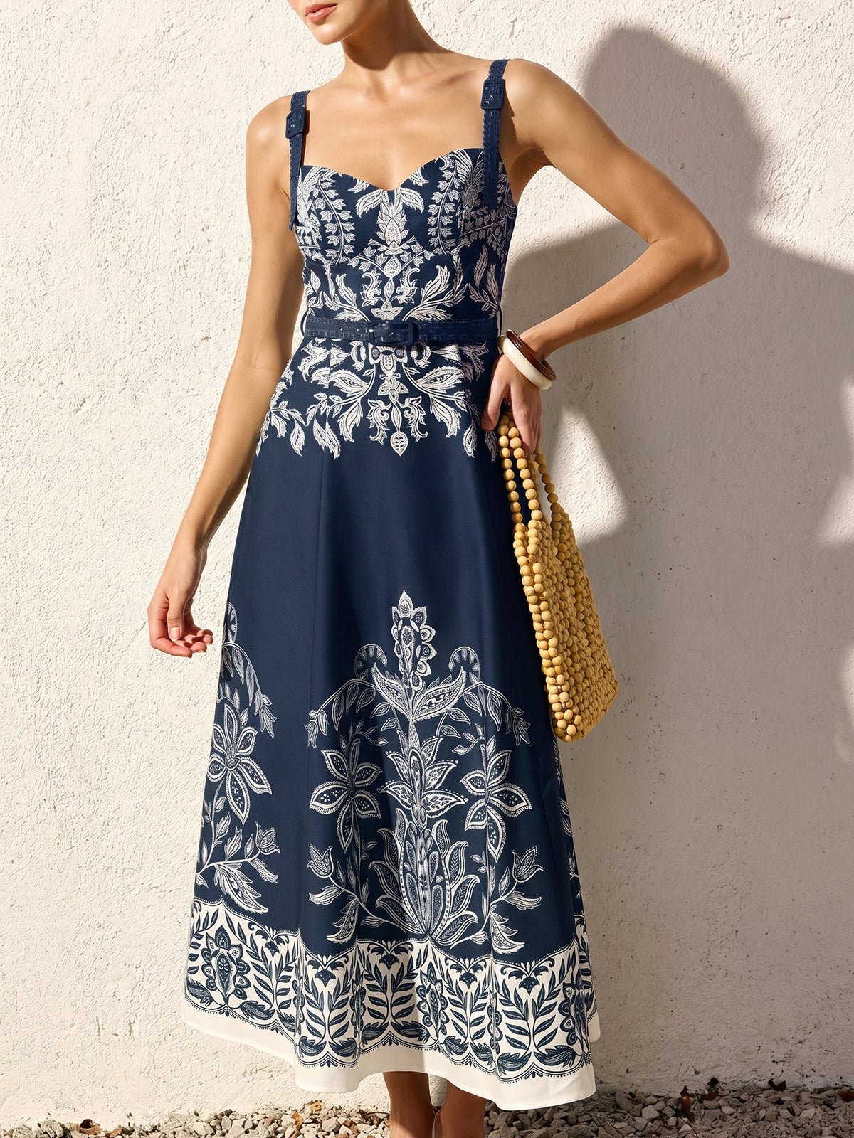 Baroque Floral Print Belted Cami Maxi Dress - 图片 9