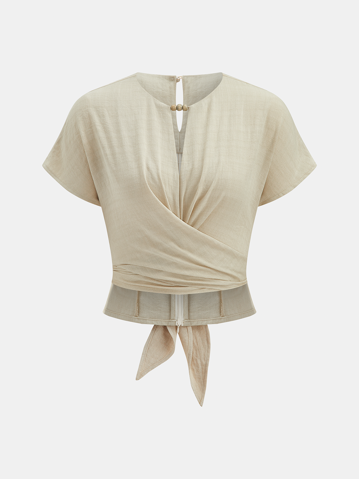 Tie-Back Wrap Crop Short Sleeve Blouse - 图片 2