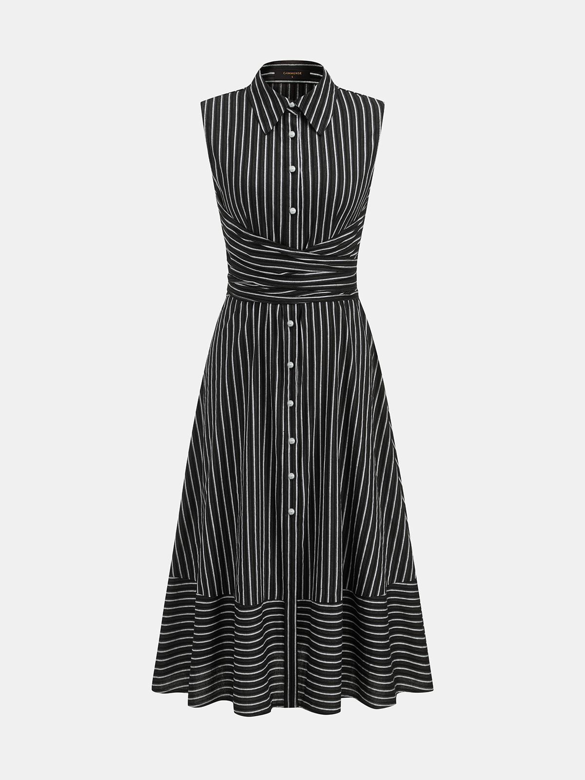Striped Collared Sleeveless Tie Waist Midi Dress - 图片 6