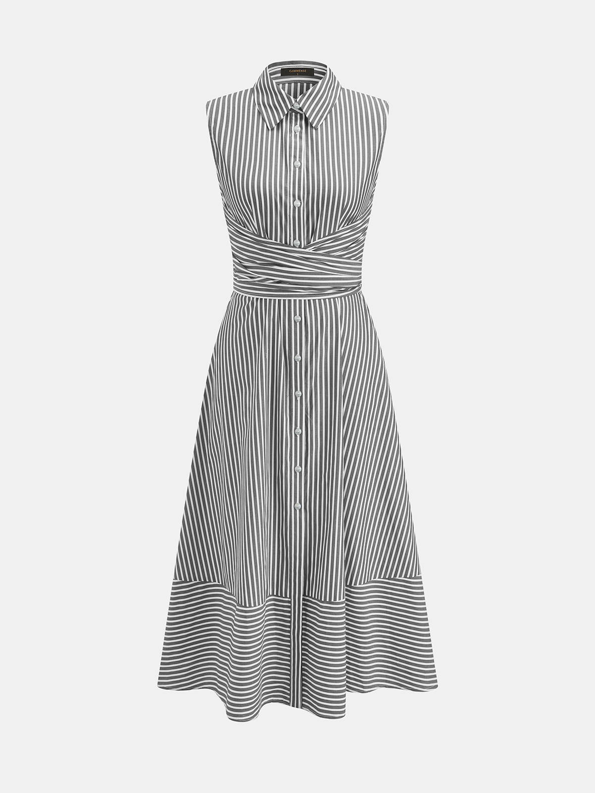 Striped Collared Sleeveless Tie Waist Midi Dress - 图片 10