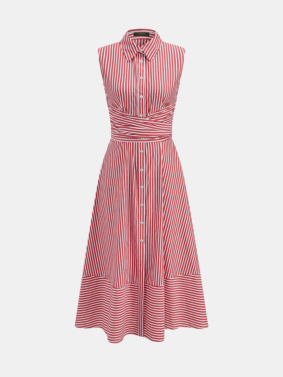 Striped Collared Sleeveless Tie Waist Midi Dress - 图片 12