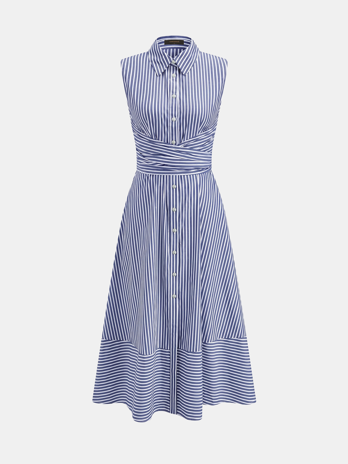 Striped Collared Sleeveless Tie Waist Midi Dress - 图片 14