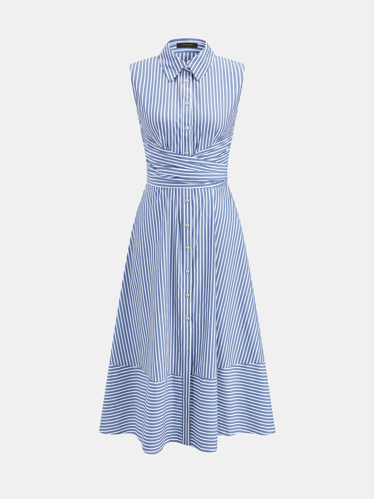 Striped Collared Sleeveless Tie Waist Midi Dress - 图片 15