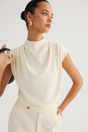 Draped High-Neck Cap Sleeve Blouse