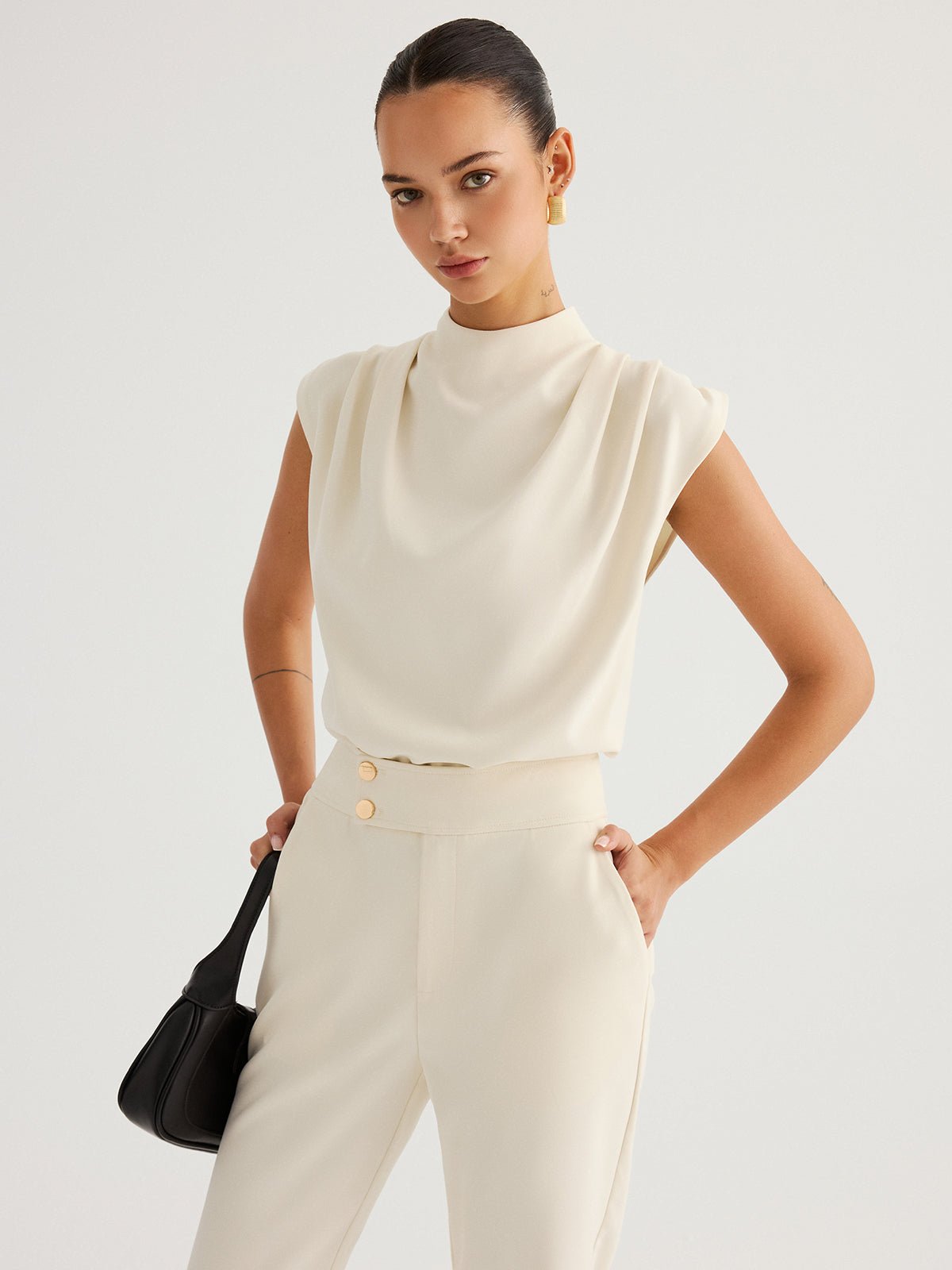 Draped High-Neck Cap Sleeve Blouse - 图片 2