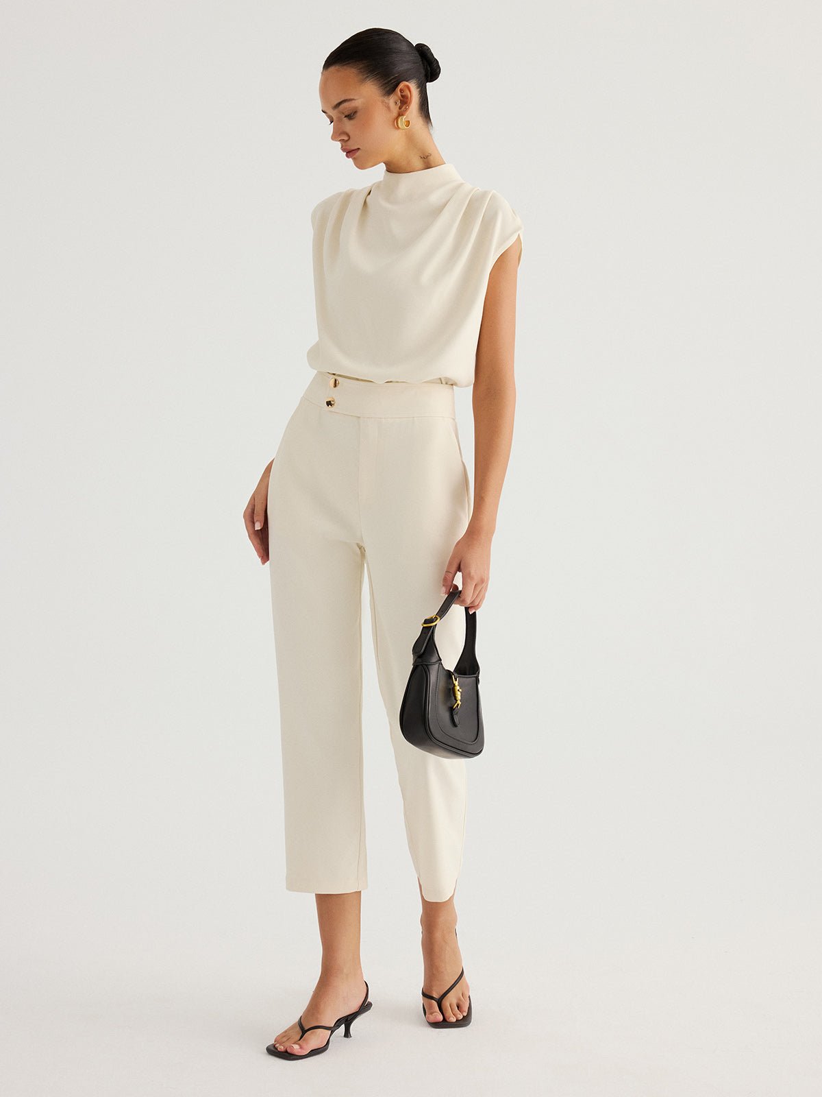 Draped High-Neck Cap Sleeve Blouse - 图片 5