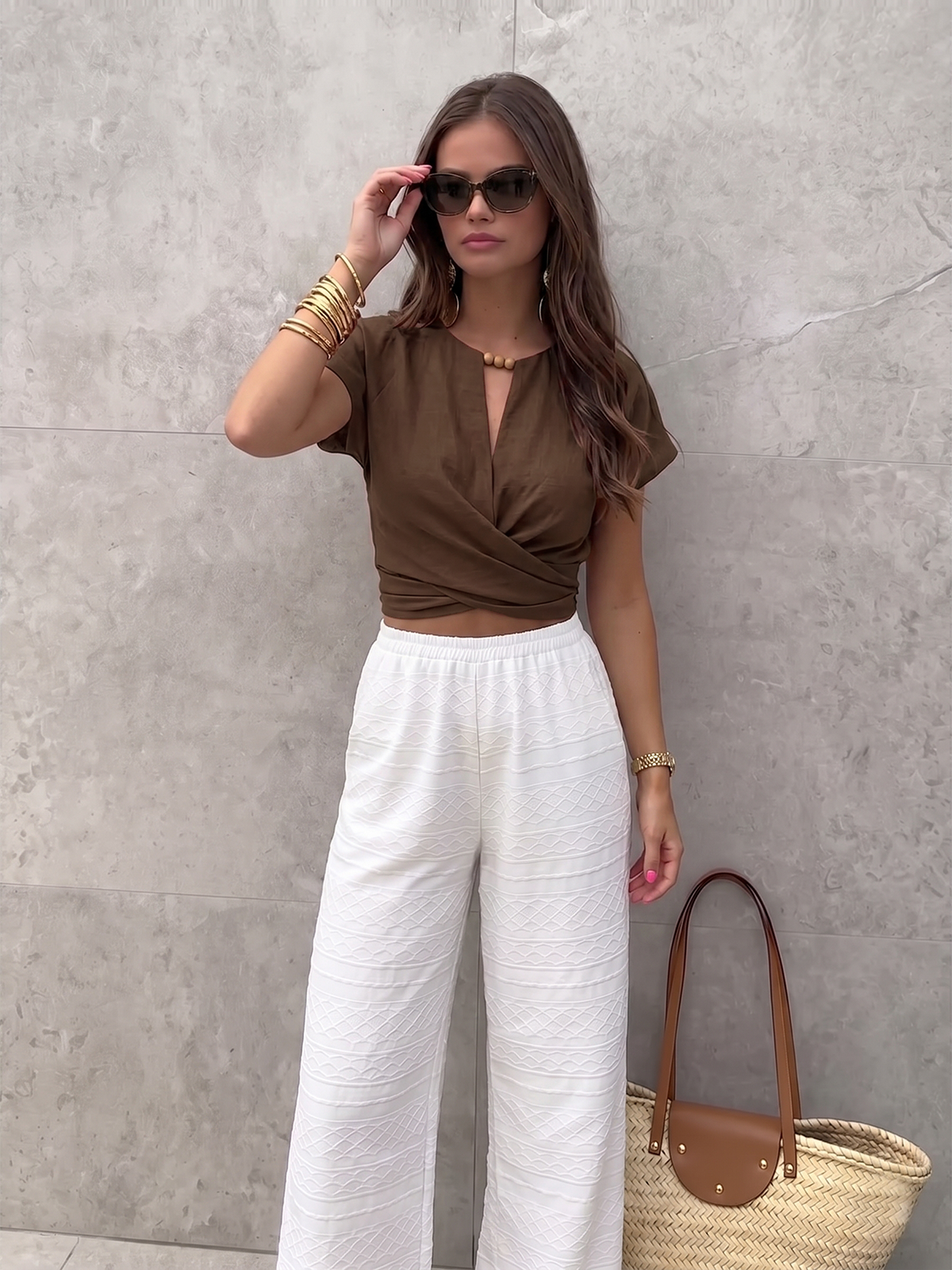 Tie-Back Wrap Crop Short Sleeve Blouse - 图片 7