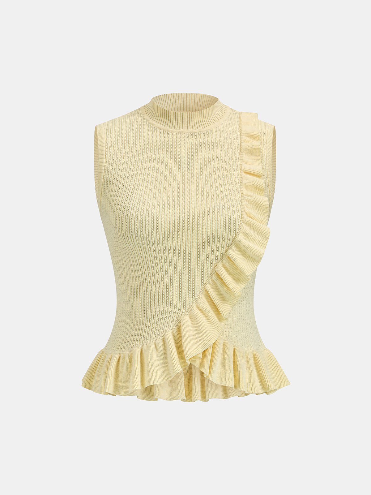 Ribbed High Neck Ruffle Sleeveless Top - 图片 2
