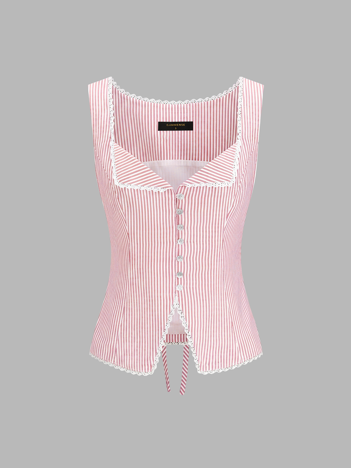 Striped Lace Trim Button-Front Tank Top - 图片 9