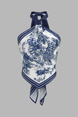 Porcelain Print Scarf Style Halter Blouse