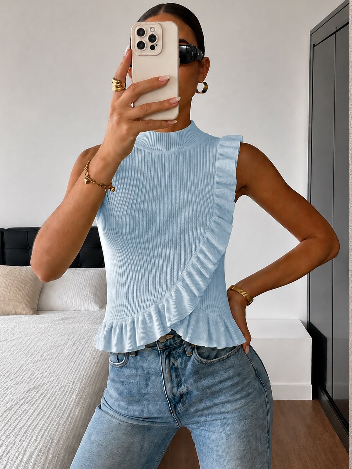 Ribbed High Neck Ruffle Sleeveless Top - 图片 7