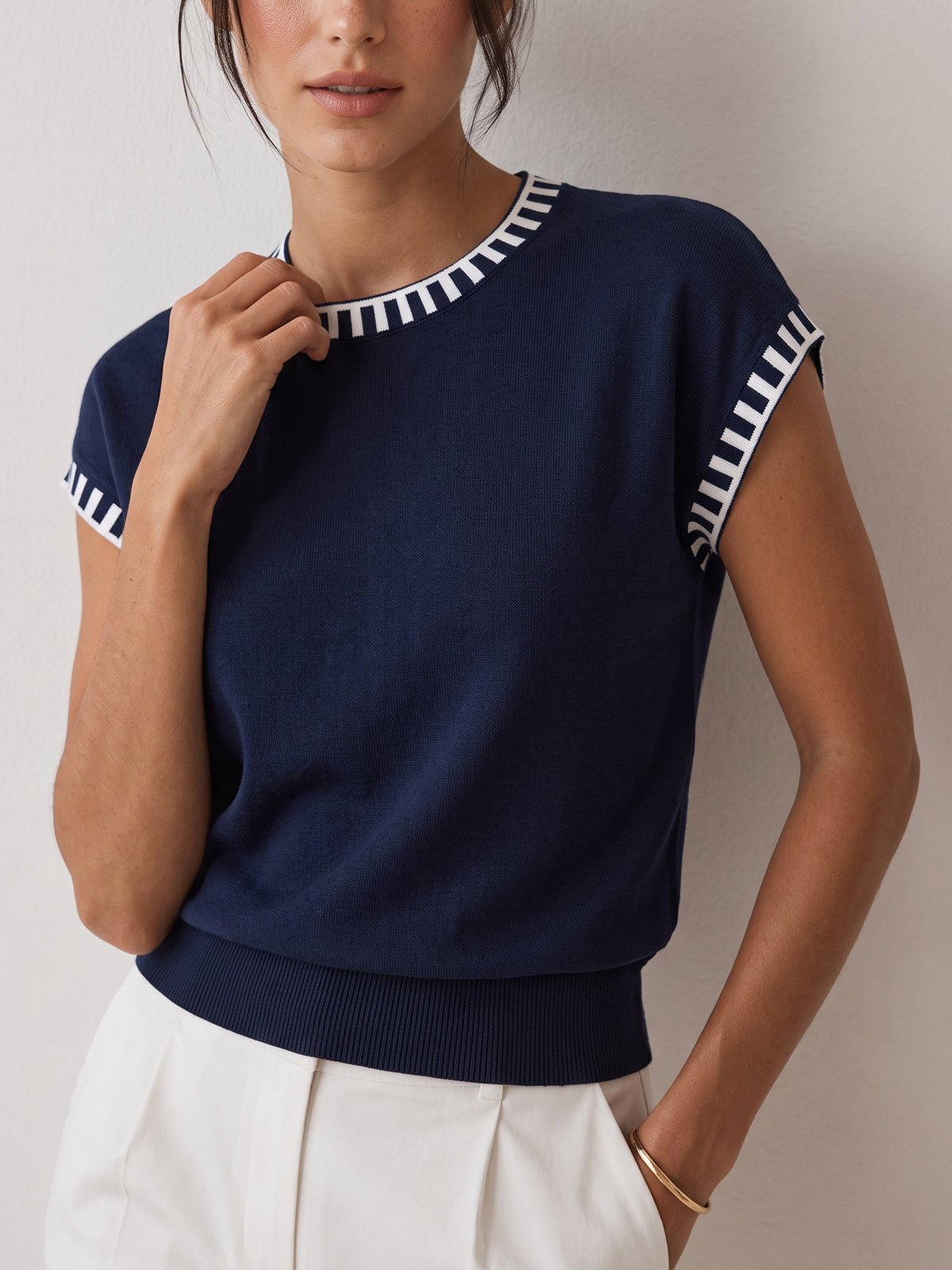 Contrast Trim Cap Sleeve Knit Top - 图片 6