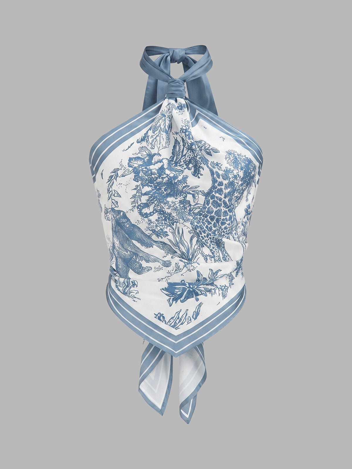 Porcelain Print Scarf Style Halter Blouse - 图片 5