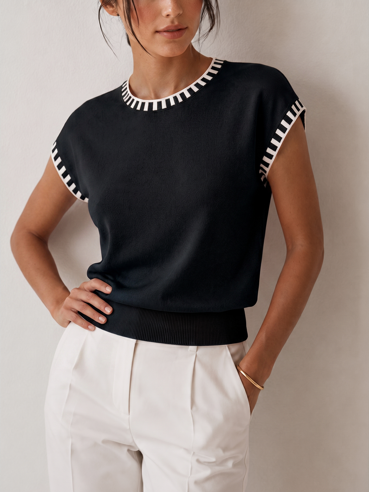 Contrast Trim Cap Sleeve Knit Top - 图片 7