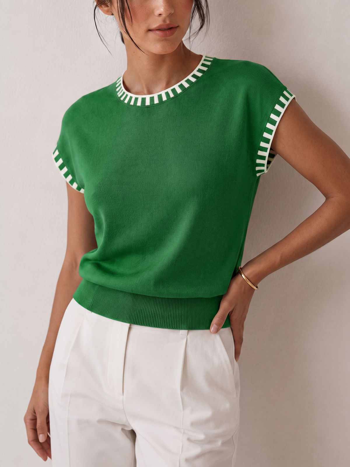 Contrast Trim Cap Sleeve Knit Top - 图片 8