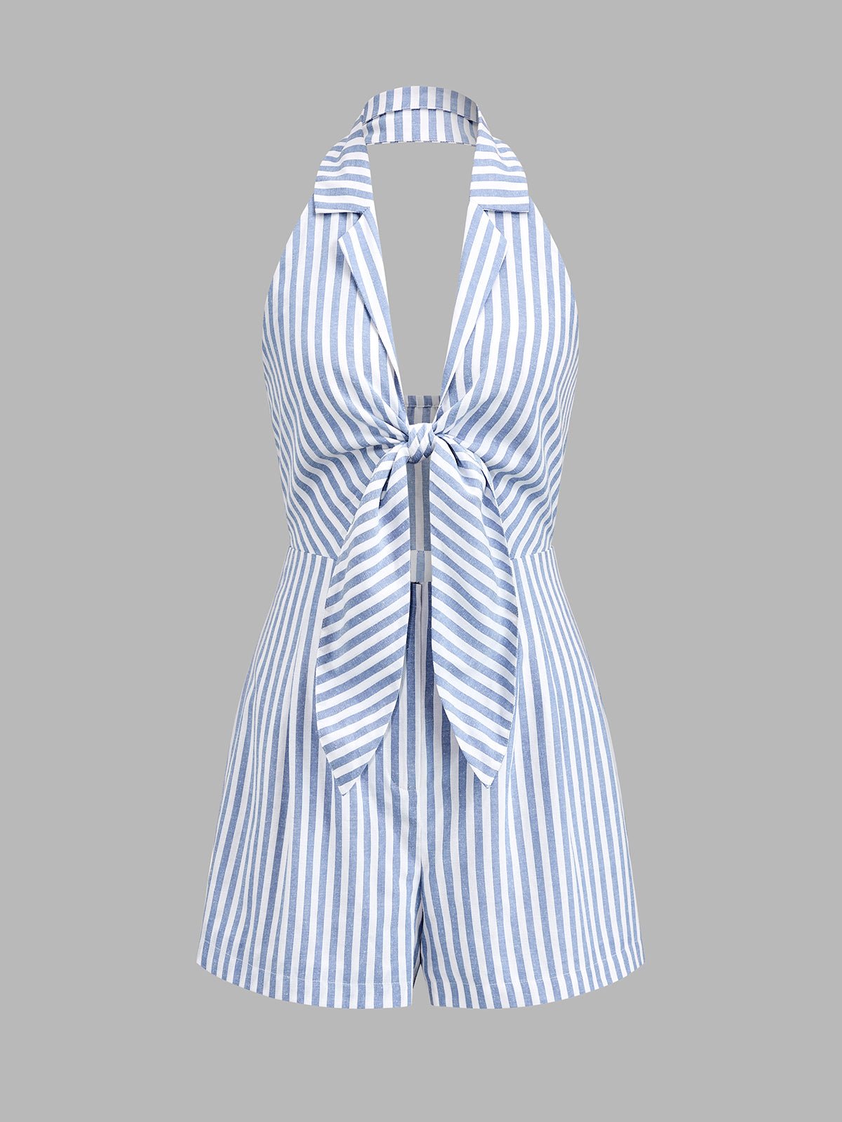 Halter Tie Front Striped Romper - 图片 2