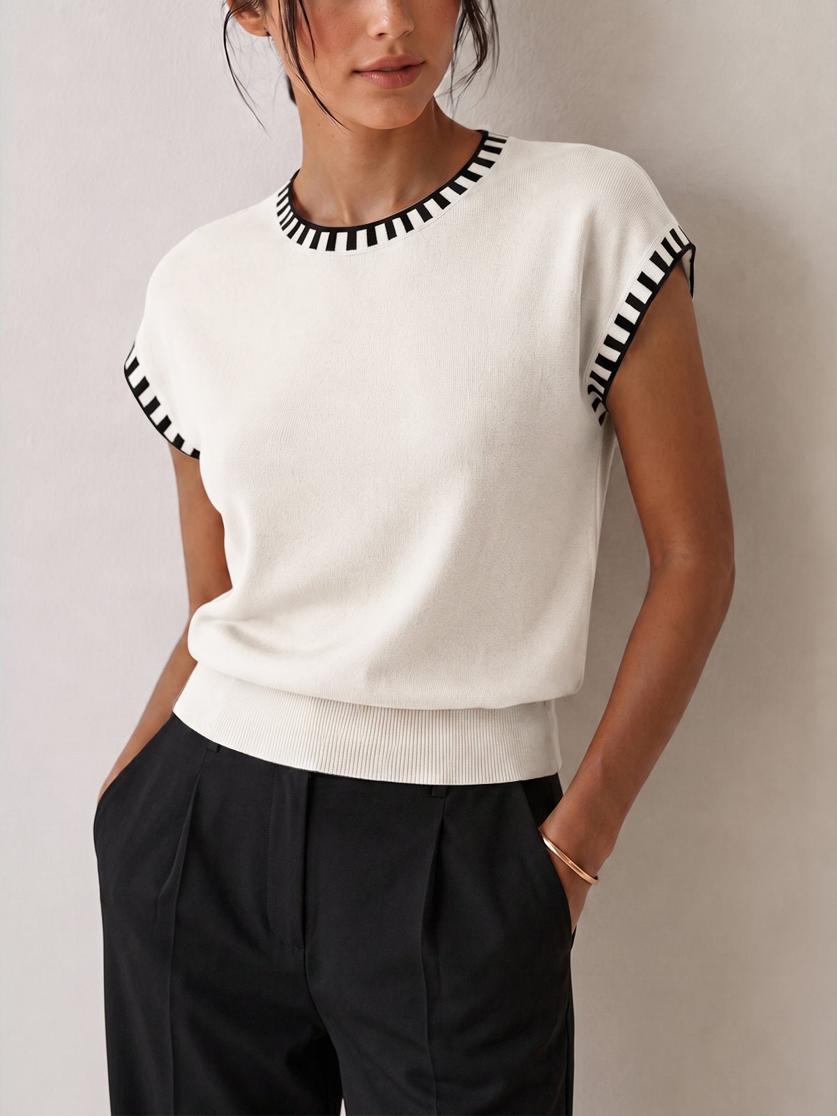 Contrast Trim Cap Sleeve Knit Top - 图片 9