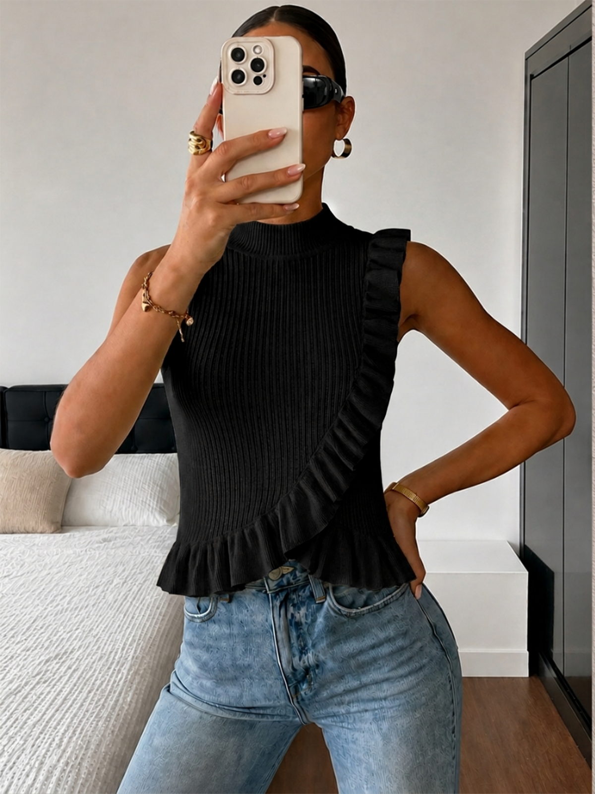 Ribbed High Neck Ruffle Sleeveless Top - 图片 8