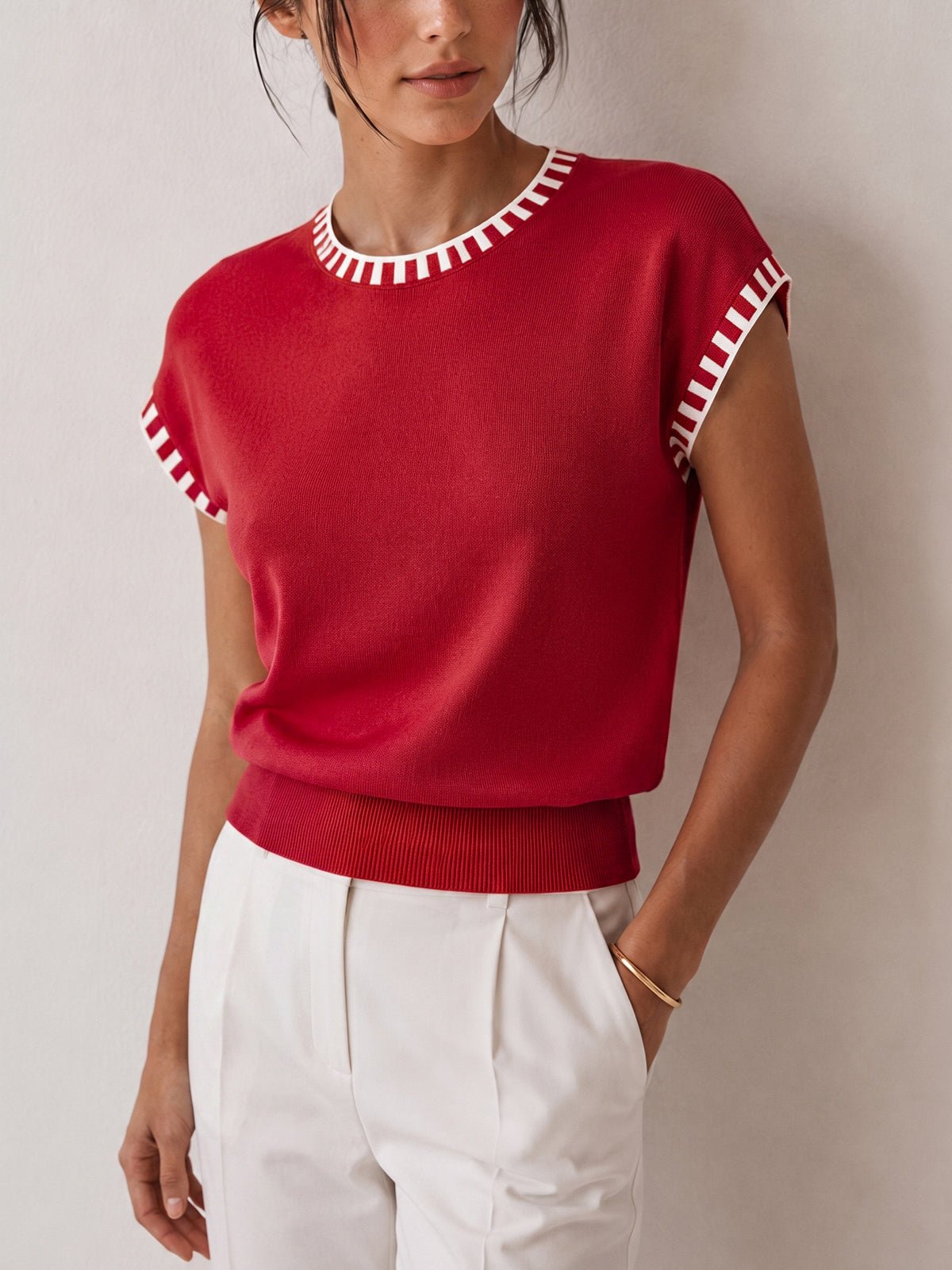 Contrast Trim Cap Sleeve Knit Top - 图片 10