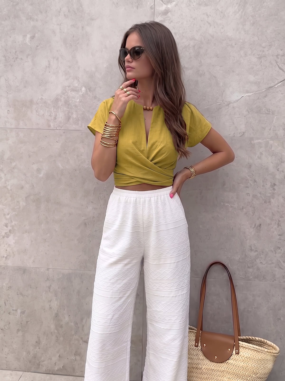 Tie-Back Wrap Crop Short Sleeve Blouse - 图片 9